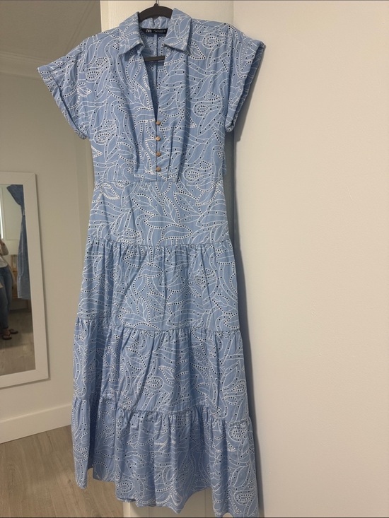 Zara Dresses & Skirts - Light Blue Eyelet Tiered Midi Dress